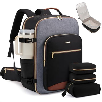 LOVEVOOK 56L Travel Backpack for Women & Men, Airline Approved Carry On Luggage with 3 Packing Cubes, TSA Overnight Bags, Waterproof Personal Item Bag, Weekender Essentials Backpacks fits 17" Laptop - color: Black-grey-brown, size: XX-Large