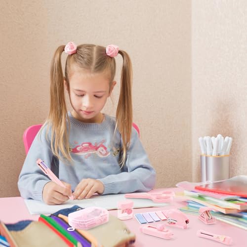 Pink Mini Office Supply Kit Mini School Supplies Desk Accessory Set Includes Mini Stapler Pencil Sharpener Staple Remover Hole Punch Ballpoint Pen Scissor Box Cutter Paper Clips Sticky Index Tabs - color: Pink