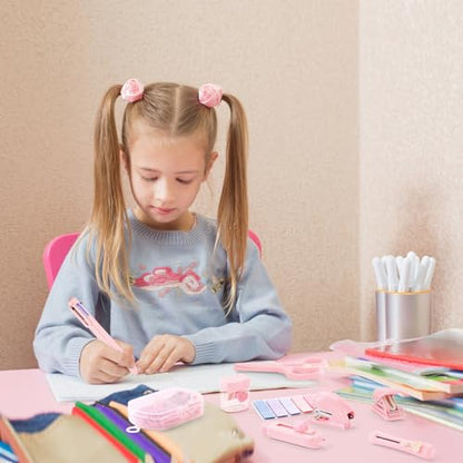 Pink Mini Office Supply Kit Mini School Supplies Desk Accessory Set Includes Mini Stapler Pencil Sharpener Staple Remover Hole Punch Ballpoint Pen Scissor Box Cutter Paper Clips Sticky Index Tabs - color: Pink