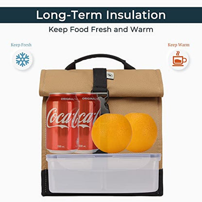 SUNNY BIRD Insulated Lunch Bag Rolltop Lunch Box Tote Bag for Women, Men, Adults and Teens (Brown) - color: Brown