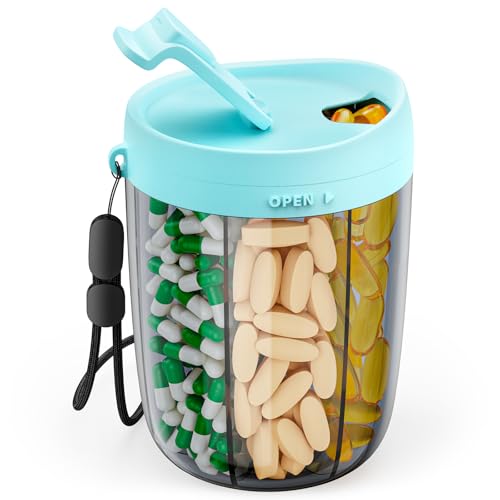 PULIV Large Supplement Organizer Bottle, Holds Plenty of 6 Various Vitamins in 1 Pill Dispenser with Anti-Mixing & Wide Openings Design, Easy to Retrieve Meds, Includes 20 Pcs Stick-on Labels Cyan - color: Cyan
