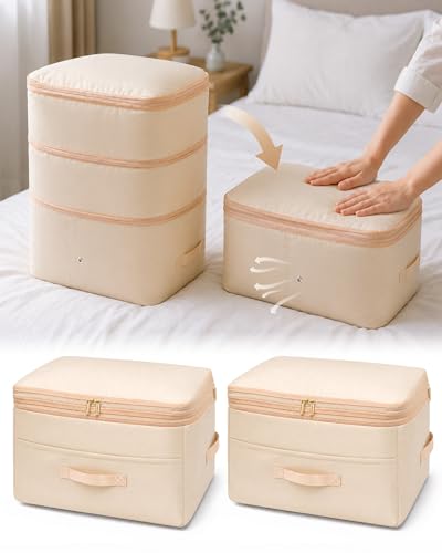 Ultra Space Saving Self Compression Organizers, 2 Pack Double Zipper Compression Packing Cubes for Bedding, Comforter Storage Bag for Blankets Duvet Quilts Pillows Queen King (Beige, X-Large) - color: Beige, size: 2 Pack (X-Large)
