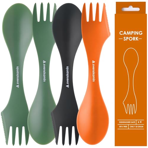 Reusable Camping Spork Set 4-Pack - 3-in-1 Travel Sporks, Lightweight Durable Utensils & Silverware for Outdoor Hiking - 2 Green, Black & Orange - color: Green/Black/Orange 4P