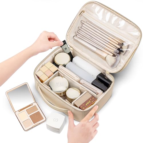VLANDO Travel Makeup Bag,Portable Cosmetic Bag Makeup Case Organizer, Makeup Bag with Adjustable Dividers for Women,Girls,Wedding,Cosmetic Brushes,Toiletry,Gifts,Anniversary-Beige - color: B.White-Medium