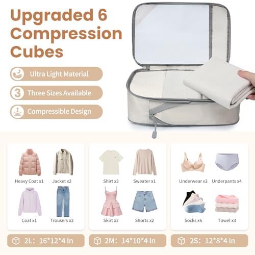 Compression Packing Cubes for Travel, Lightweight Vacation Travel Essentials, Travel Accessories for Suitcase Organizer Bags Set, Durable Luggage Organizer - color: Beige, size: 6 set-Half Mesh