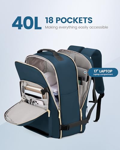 LOVEVOOK 40L Travel Backpack Flight Approved Carry on Backpack,3 Packing Cubes,Waterproof Personal Item Travel Bag,TSA Carry on Luggage Suitcase Travel Essentials,Gifts for Women & Men,fits 17" Laptop - color: Dark Blue Green-black, size: Large-40L-4Pcs