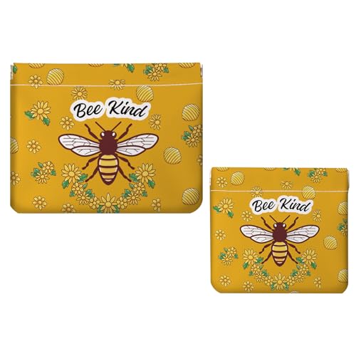 2 PCS PU Leather Small Makeup Bag Set for Purse,No Zipper Self-closing Cosmetic Bag, Portable Coin Purse Lipstick Accessories Organizer Travel Toiletry Storage Pouch for Women,Bees - color: Bees