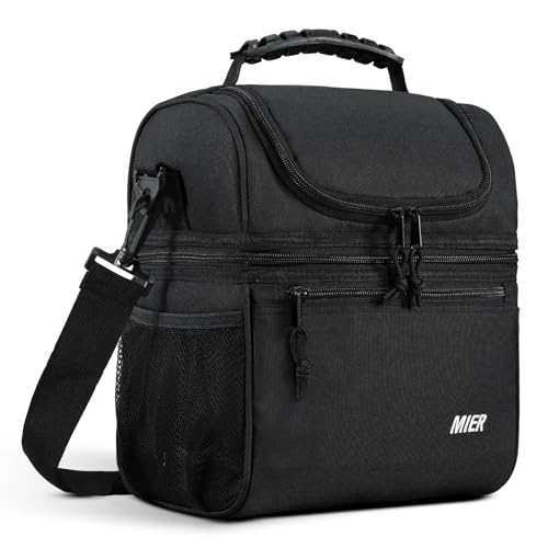 MIER Insulated Lunch Box Dual Compartment Lunch Bag Leakproof Cooler for Men Women Adult Work, Black, Medium (Upgraded Extra-Tall Bottom Layer) - color: Black, size: Medium