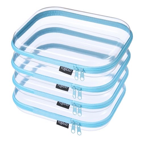 YQBRAO 4-Pack Clear Diaper Bag Organizer Pouches, 1.2mm Ultra-Thick PET Travel Pouches for Toiletries & Makeup, Rigid Self-Standing Bags with YKK Zippers, TSA Approved (Blue) - color: Blue, size: 4 Pack(M)