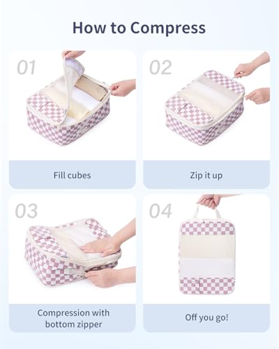 Narwey 6 Set Compression Packing Cubes for Travel Women Men, Travel Cubes for Carry On Suitcase, Durable Compression Luggage Organizer Bags - color: ZZ-Dusty Pink Checkerboard