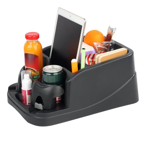 Large Size Plastic Console for Cars, Trucks, Minivans, SUVs with 2 Adjustable Drink Cup Holders Phone Book Holder, Back Bench and Front Seat or Floor Middle Console Universal Vehicle Organizer Black - color: Black
