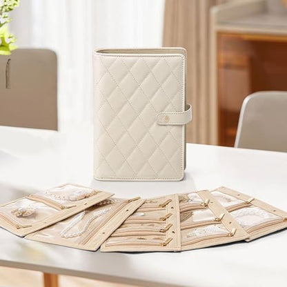 TANG SONG Leather Travel Jewelry Organizer Case – Velvet-Lined Zipper Pouch for Earrings, Necklace & Rings Portable Gift for Women (White)