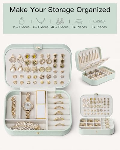 VLANDO Travel Jewelry Case for Women Girls Mothers, PU Leather Portable Small Jewelry Box for Rings, Necklaces, Bracelets, Earring Holder Organizer Storage for Travel, Bridesmaid Gifts - Mint Green - color: E.Mint Green
