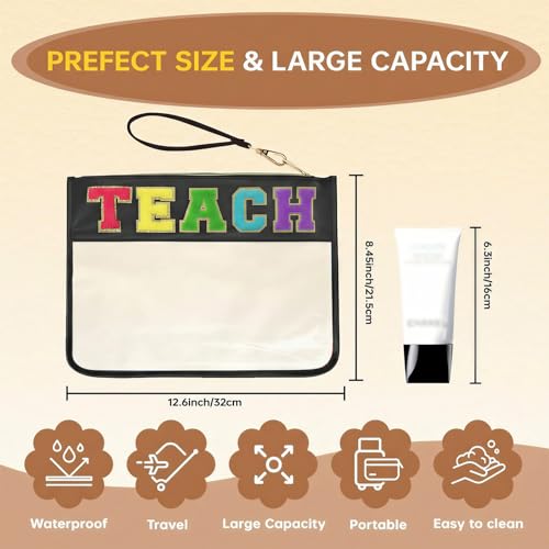 Chenille Letter Clear Zipper Pouch for Travel Preppy Patch Makeup Bag-Nylon Cosmetic Preppy Makeup Waterproof Organizer Bag Set for Women Valentines Bag (Black-Teach) - color: Black-Teach