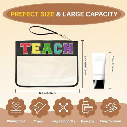 Chenille Letter Clear Zipper Pouch for Travel Preppy Patch Makeup Bag-Nylon Cosmetic Preppy Makeup Waterproof Organizer Bag Set for Women Valentines Bag (Black-Teach) - color: Black-Teach