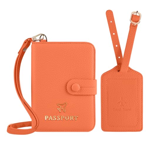Boutilon Leather Passport Holder Covers Case with Neck Lanyard and Luggage Tag Waterproof RFID Blocking Travel Wallet Solid Color Passport Organization for Women and Men (Orange) - color: Orange
