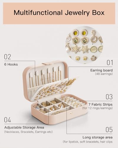 VLANDO Travel Jewelry Case, PU Leather Travel Jewelry Box with Earring Holder, Portable Display Mini Jewelry Case for Mothers Day Women Girls Gift - Nude Pink - color: G.Nude Pink