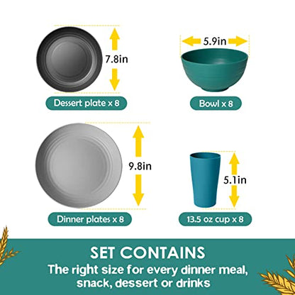Teivio 32-Piece Kitchen Plastic Wheat Straw Dinnerware Set, Service for 8, Dinner Plates, Dessert Plate, Cereal Bowls, Cups, Unbreakable Colorful Plastic Outdoor Camping Dishes,Coastal - color: Coastal