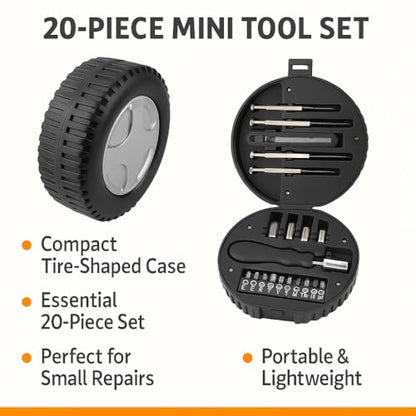 20-Piece Mini Tool Kit in Tire-Shaped Case – Compact DIY Repair Set with Screwdriver Bits, Sockets, Utility Blade & Precision Tools for Home, Car, Office, Travel – Portable Giftable Tool Set