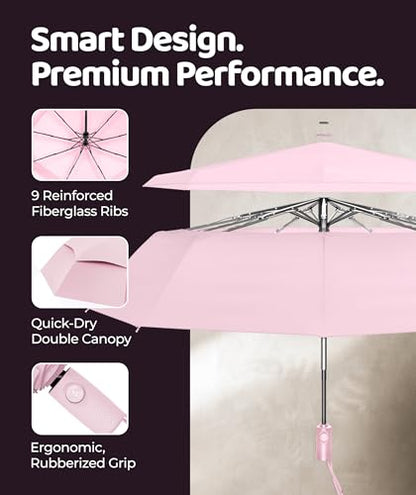 Repel Windproof Travel Umbrella - Compact & Withstands Winds up to 100MPH , Strongest Premium Auto Folding Umbrella for Rain and Sun - Durable, Light & Portable for Women & Men , Fits Backpack & Cars - color: Pastel Pink