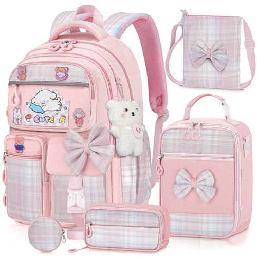 Girls Backpack with Lunch Box Set, 5pc Pink Cute Kawaii Bookbag for Teens, Aesthetic School Backpack for Elementary - color: Pink