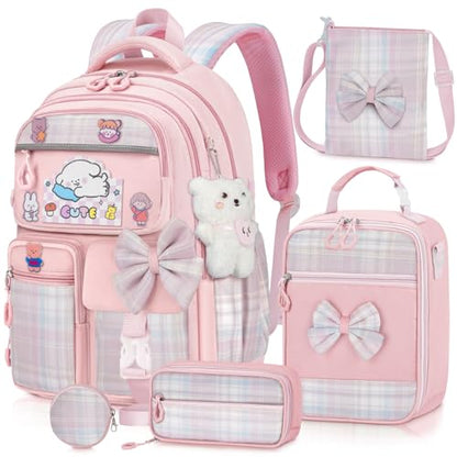 Girls Backpack with Lunch Box Set, 5pc Pink Cute Kawaii Bookbag for Teens, Aesthetic School Backpack for Elementary - color: Pink