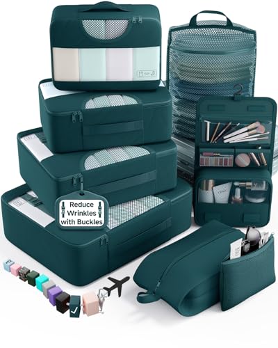 Veken 8 Set Packing Cubes for Travel Essentials,Anti-Wrinkle Buckled Suitcase Organizer for Shoe & Toiletry Bag,Carry On Luggage Bag for Airplane & College Dorm Room Accessories,Women Men Gifts - color: 05 Deep Teal
