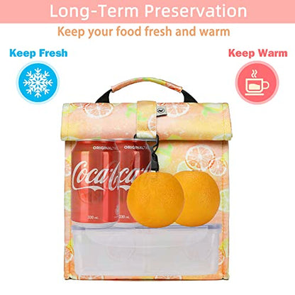 SUNNY BIRD Insulated Lunch Bag Rolltop Lunch Box Tote Bag for Women, Men, Adults and Teens (Grapefruit Pink) - color: Grapefruit Pink