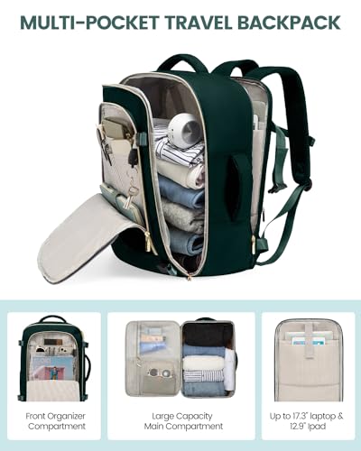 LOVEVOOK 40L Travel Backpack for Women, Carry On Flight Approved, Large Personal Item Bag, Fits 17 Inch Laptop, TSA Approved Luggage with 3 Packing Cubes, Waterproof Weekender Gym Backpack - color: Deepgreen, size: 40L