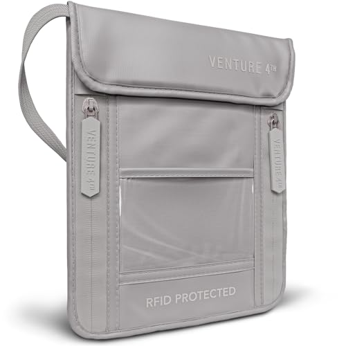 VENTURE 4TH Neck Wallet for Women & Men – RFID Blocking Passport Holder for Travel, Hidden Neck Pouch with 6 Compartments, Slim Lightweight Travel Organizer with Adjustable Strap (Sleek Silver) - color: Sleek Silver