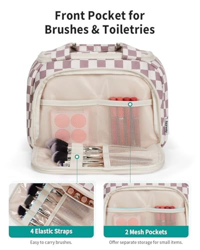 Narwey Checkered Travel Toiletry Bag for Women Large Makeup Bag, Wide-open Cosmetic Make Up Organizer with Handle, Travel Bag for Toiletries, Essentials, Accessories (Dusty Pink Checkerboard) - color: Dusty Pink Checkerboard