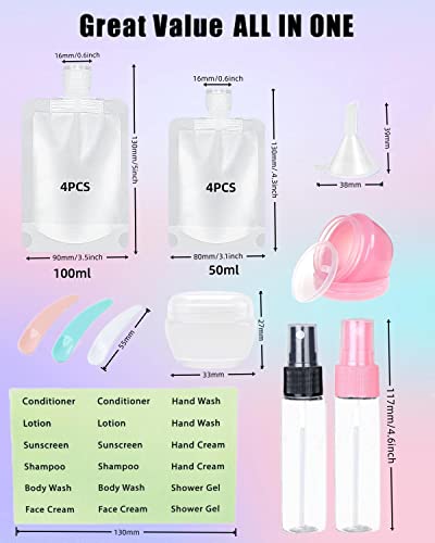 SEQUHITKU 17 Pack Travel Pouches for Toiletries,TSA Approved,Travel Size Portable Containers,Stand Up Pouch,Refillable Travel Accessories for Shampoo Conditioner Lotion Soap Liquids (C-17pcs) - size: C-17pcs