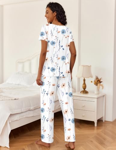 Ekouaer 2 Piece Womens Pajamas Short Sleeve Top and Long Pants Pjs Set Printed Sleepwear with Pocket - color: Elegant White and Blue Flowers, size: X-Large