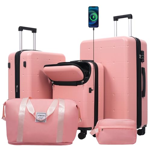 Merax Luggage Sets 5 Piece, Hardside 20" Half-opening Carry On Suitcase Set with USB Port,Lightweight Travel 24" 28" Luggage with Bags TSA Locks Double Spinner Wheels,Light Pink - color: Light Pink, size: 3 piece(20front open+24+28+bags)