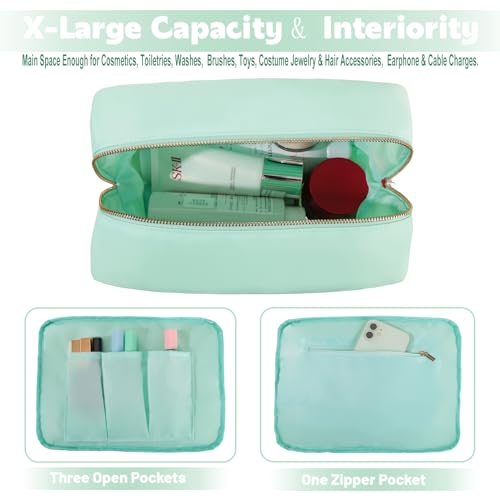 Beach Vacation Essentials Large Makeup Bag Chenille Glitter Cosmetic Pouch Travel Toiletry Kit Bag for Women (XL,Mint-Smile) - color: Mint-Smile, size: XL