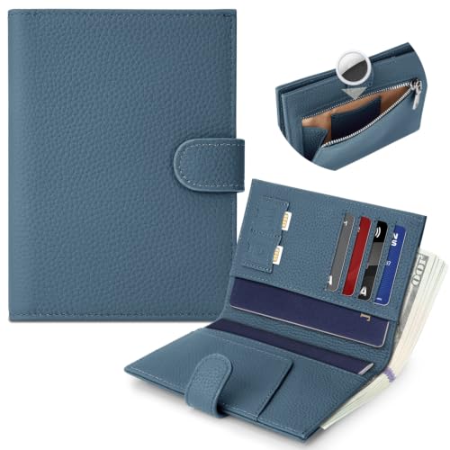 Genuine Leather Passport Holder for Women Men, Hidden Airtag Pocket, RFID Blocking, Zippered Coins Pocket & Cash Compartment Travel Gifts Essentials Passport Cover Case - Navy blue - color: Navy blue