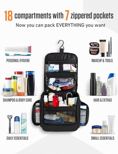 VENTURE 4TH Hanging Travel Toiletry Bag for Women & Men – Large Toiletry Organizer with 18 Compartments, Removable TSA Pouch, Travel Wash Bag for Toiletries, Makeup & Shaving Kit (Black) - color: Black