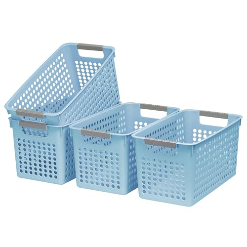 Soddeph Slim Plastic Storage Basket with Handles, Narrow Organizer box for Shelves, Organizer box for Organizing, Kitchen,Home,Office (Blue, Medium) - color: Blue, size: Medium