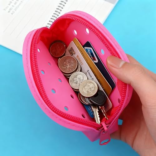 Soft Silicone Mini Coin Purse with Zipper and Cartoon Hole,with 15 pcs DIY Charms. Portable Keychain Pouch Organizer (Pink) - color: Pink