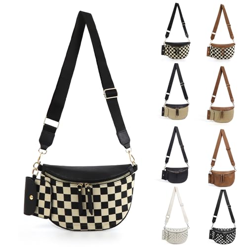 Checkered Crossbody Bag for Women Nylon Bum Bag Spacious Fanny Pack Adjustable Strap Lightweight Travel Everyday Purse Water Resistant Handbag (Plaid Black) - color: Plaid Black