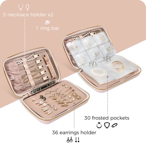 ProCase Large Travel Jewelry Organizer Case, Jewellery Home Storage Book Ring Binder with Clear Pockets for Presentation, Zippered Pouch Bag for Earrings Necklaces Bracelets -Pink - color: Pink, size: Large, Loose-leaf