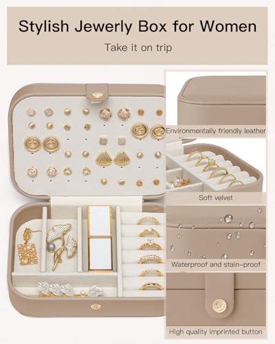 VLANDO Travel Jewelry Case for Women Girls Mothers, PU Leather Small Jewelry Box for Rings, Necklaces, Bracelets, Earring Holder Organizer Storage for Travel Accessories, Valentines Gift - Toffee - color: D.Toffee