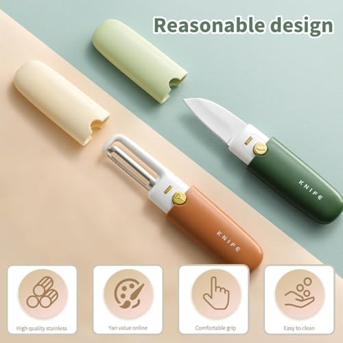 2 in 1 Stainless Steel Fruit & Vegetable Knife, Dual-Use Portable Peeling Knife, Kitchen and travel Specific Fruit Tools (Orange)