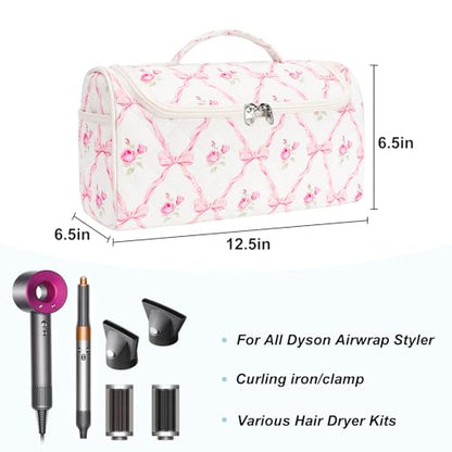 Quilted Hair Tools Travel Bag, Cute Portable Organizer Case with Hanging Hook, Compatible with Dyson Airwrap Styler,Hair Curler Accessories - color: Pink Bow
