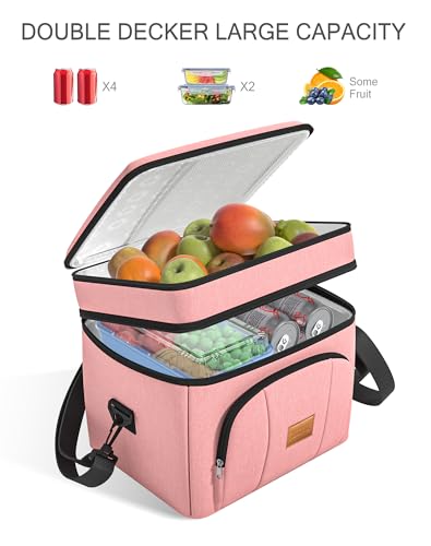 Rnivvi Lunch Box for Women, Double Decker Insulated Cooler Bag Lunch Bag Reusable Leakproof Tote Lunch Container with Strap for Work Family Picnic Hiking Camping, 18 Cans 12L, Large Adults, Rose Pink - color: Rose Pink