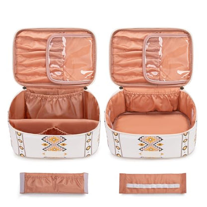 Montana West X Wrangler Travel Makeup Bag 2pcs Set Large Cosmetic Bag with Makeup Brush Holder Portable Make Up Organizer Cute Toiletry Bag with Divider and Handle for Women Aztec - color: Tan
