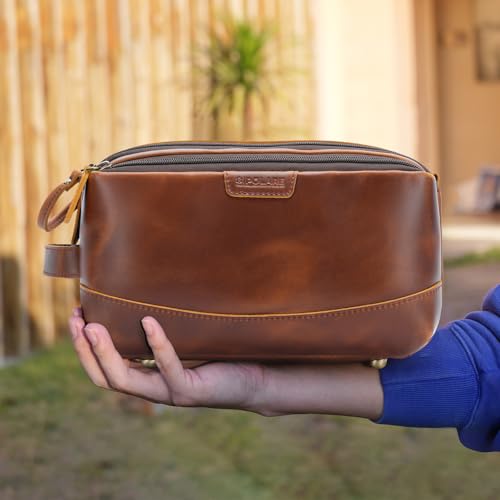 Polare Full Grain Leather Toiletry Bag for Men Large Travel Cosmetic Case Dopp Kit Shaving Kit Wash Pouch with YKK Zippers (Brown) - color: Brown