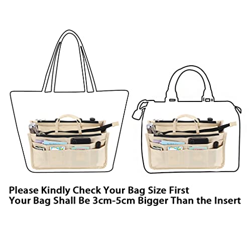 BTSKY Printing Handbag Organizers Inside Purse Insert - High Capacity 13 Pockets Bag Tote Organizer with Handle Beige - color: Beige