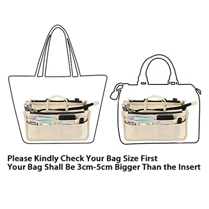 BTSKY Printing Handbag Organizers Inside Purse Insert - High Capacity 13 Pockets Bag Tote Organizer with Handle Beige - color: Beige