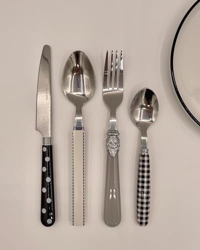 The Original Brink House Eclectic Black & White Mix & Match Stainless Steel Cutlery Set / 16 pieces with Metal Stand/Lifestyle utensils set for home, first apartment, dorm, dinner parties - color: Eclectic Black & White